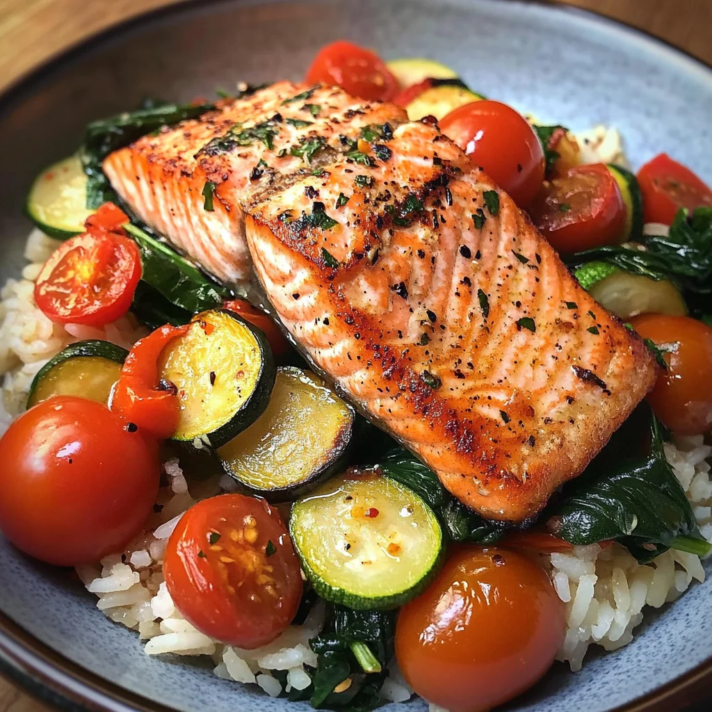 Pan-Seared Salmon on Garlic Veggie Rice Bowl