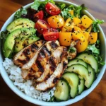 Rainbow Grilled Chicken Rice Bowl with Avocado & Crunchy Salad