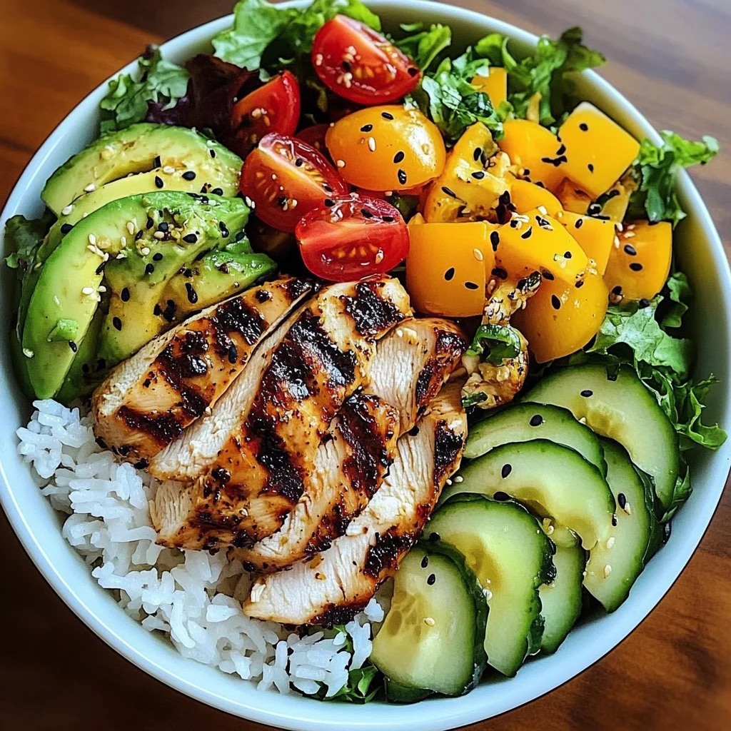 Rainbow Grilled Chicken Rice Bowl with Avocado & Crunchy Salad