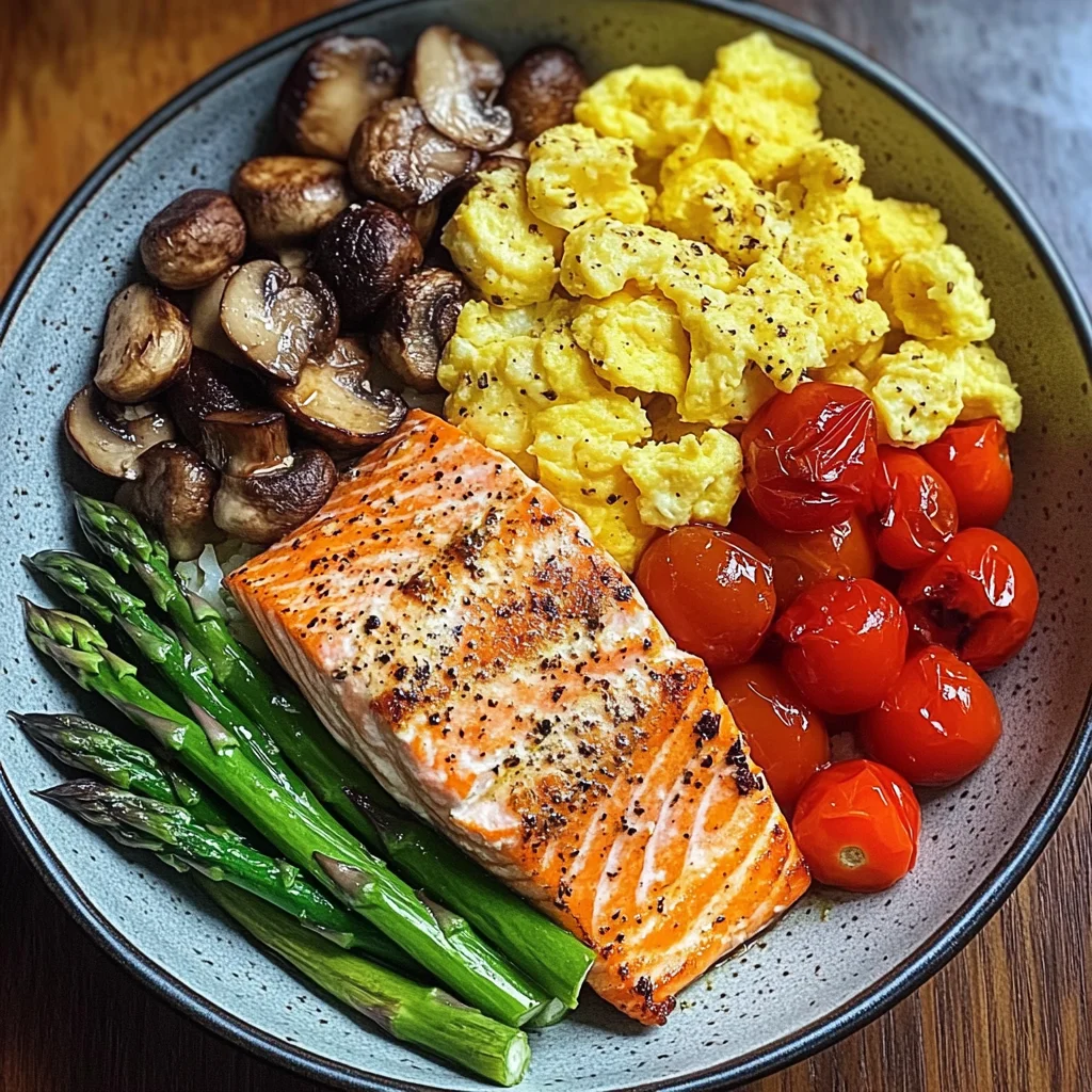 Salmon Power Bowl with Scrambled Eggs, Asparagus & Sauted Mushrooms