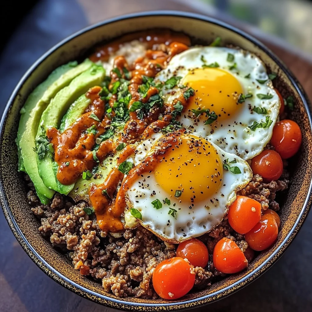 Spicy Avocado & Beef Protein Bowl with Fried Eggs