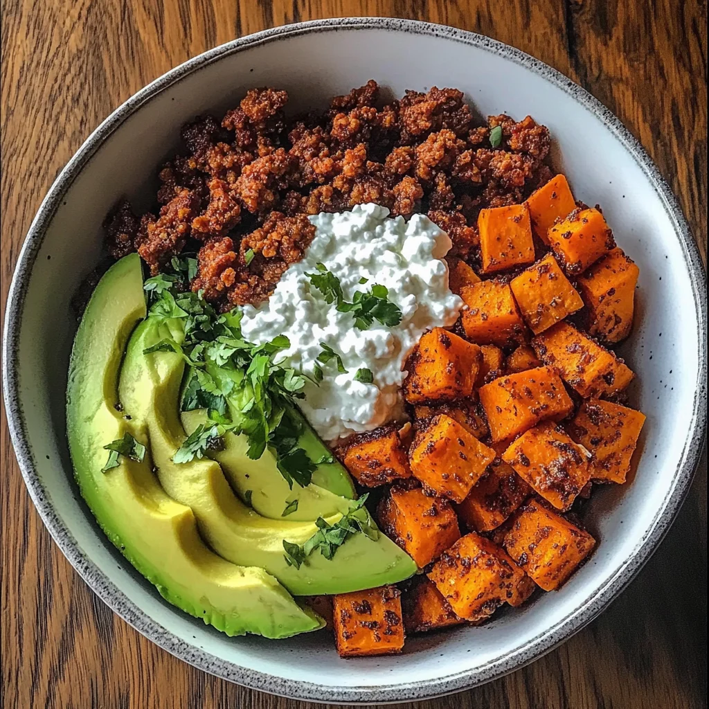 Spicy Sweet Potato Power Bowl with Avocado & Cottage Cheese