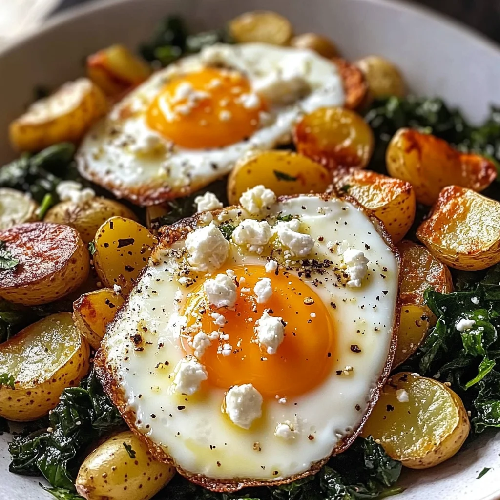 Sunny Eggs with Golden Roasted Potatoes & Sauted Greens