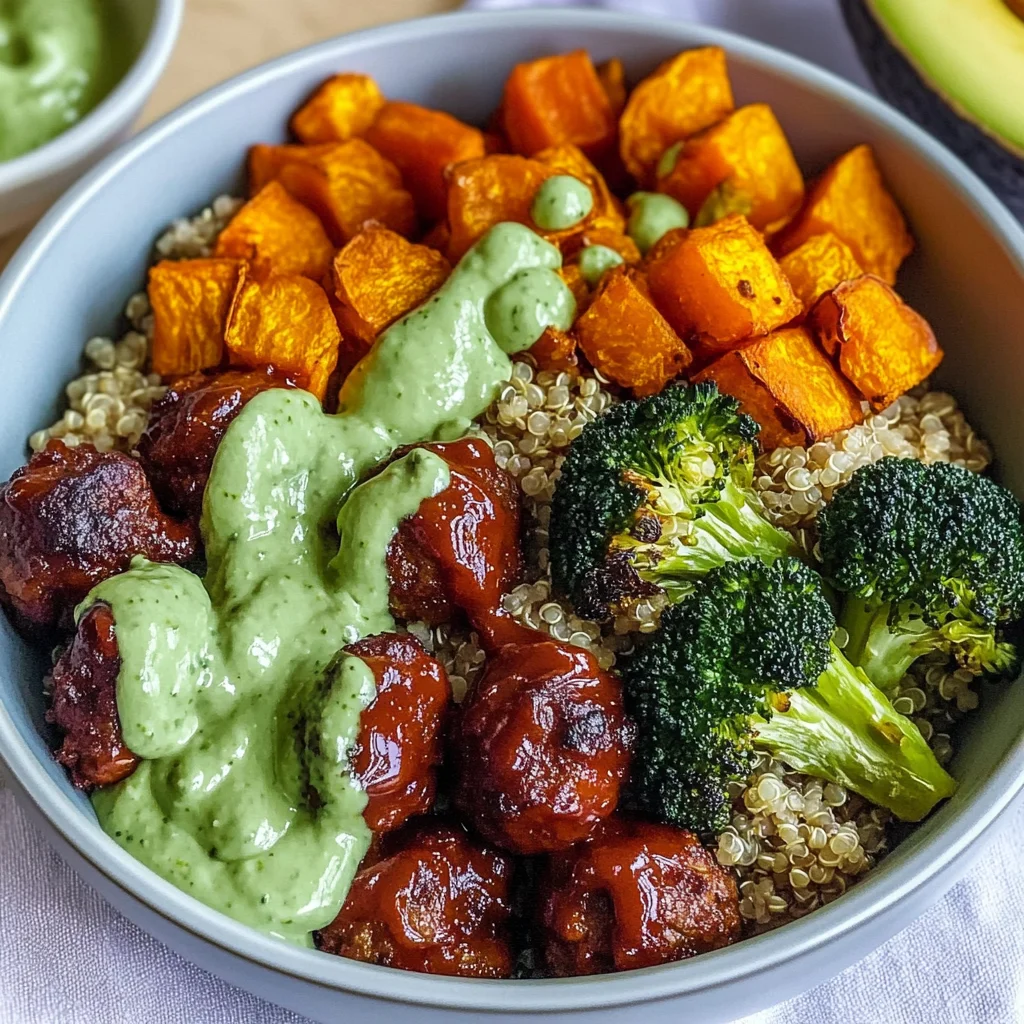 Barbecue Meatball Bowls with Avocado Goddess Sauce