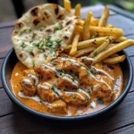 Creamy Butter Chicken with Garlic Drizzle, Fries & Warm Naan