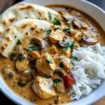 Creamy Chicken Curry with Golden Mushrooms, Rice & Warm Naan
