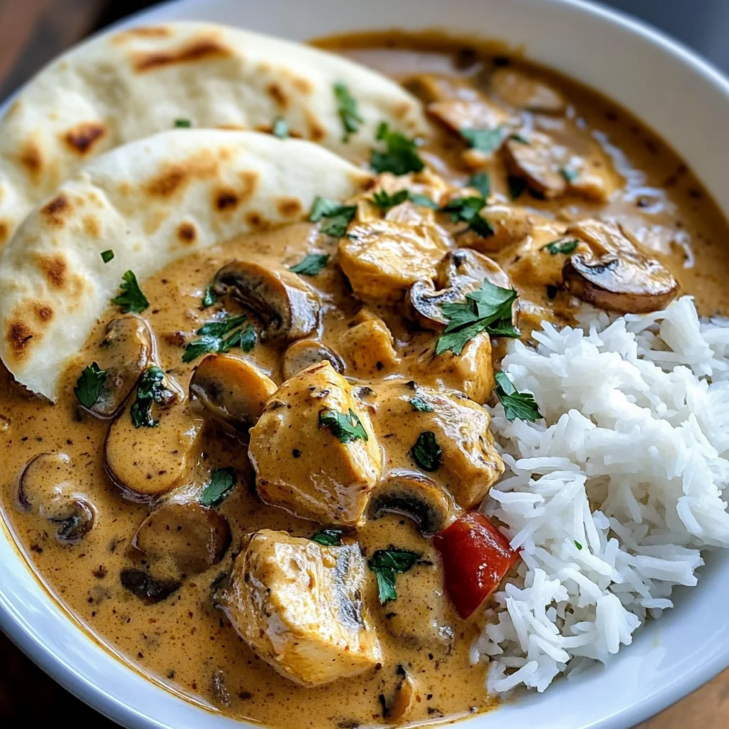 Creamy Chicken Curry with Golden Mushrooms, Rice & Warm Naan
