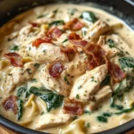 Creamy Slow Cooker Chicken Stroganoff with Spinach and Crispy Bacon