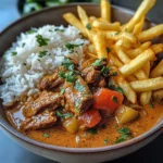 Slow-Cooked Beef Coconut Curry with Rice & Crispy Fries