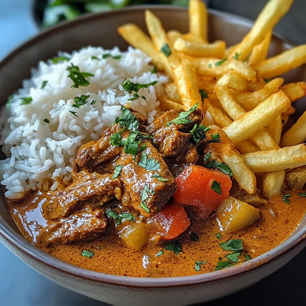 Slow-Cooked Beef Coconut Curry with Rice & Crispy Fries