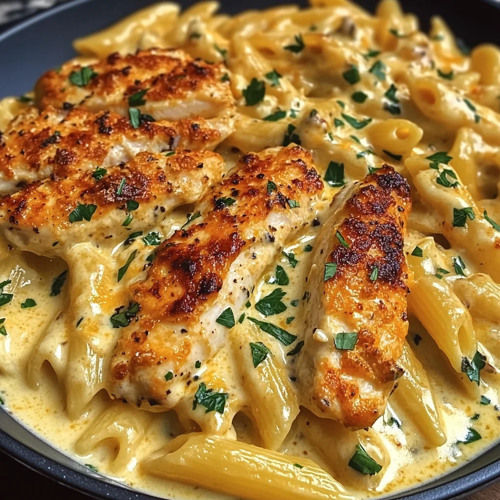 Garlic Parmesan Chicken Penne in Creamy Cajun Three-Cheese Sauce