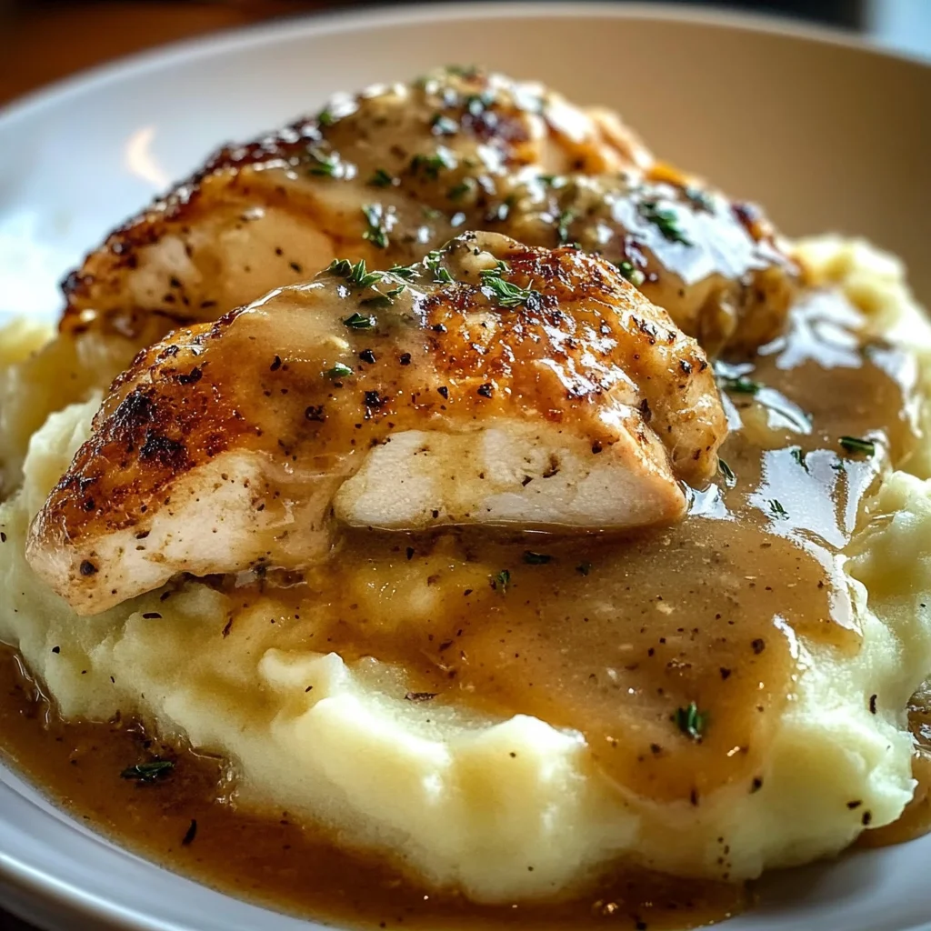 Chicken and Garlic Gravy with Cheesy Mashed Potatoes