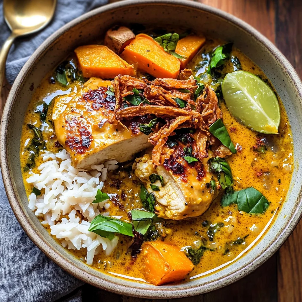 Crockpot Coconut Chicken Curry with Crispy Shallot Basil Oil
