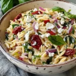 Homemade Orzo Pasta Salad with Feta and Sun Dried Tomatoes - flirtyfood