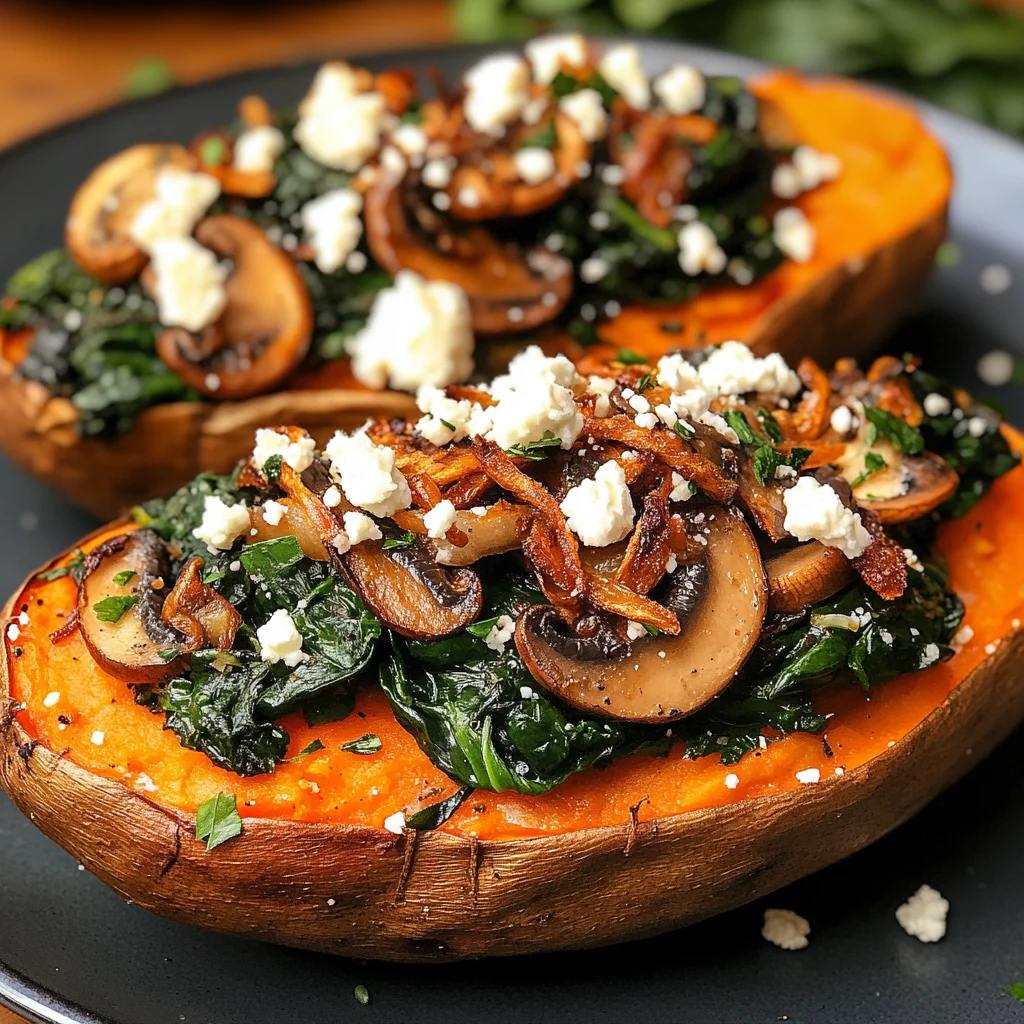Stuffed Sweet Potatoes with Spinach, Mushroom, and Feta