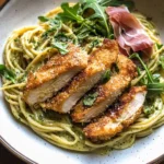 Basil Parmesan Pasta with Crispy Chicken, Prosciutto, and Arugula
