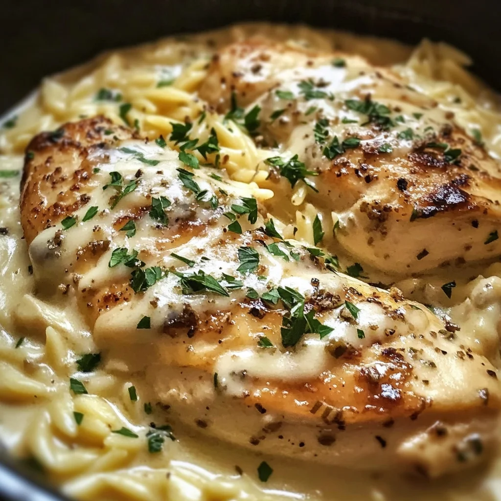 Cozy Creamy Crockpot Chicken with Gruyere and Orzo Delight